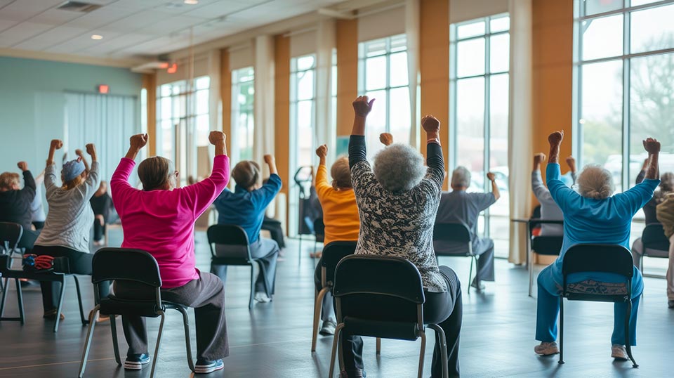 A group of elderly people take part in a seated fitness class